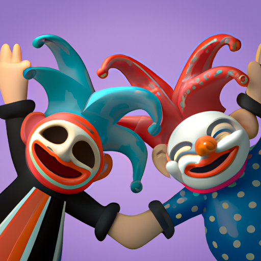 Create a 3D animation of the two classic Carnival masks, Arlecchino and Pulcinella, dancing together. Let their movements be lively and playful, with exaggerated gestures and expressions that capture the spirit of the traditional Italian comedy. Use your creativity to bring these iconic characters to life, with colorful textures, intricate details, and a sense of whimsy that will delight and entertain viewers."